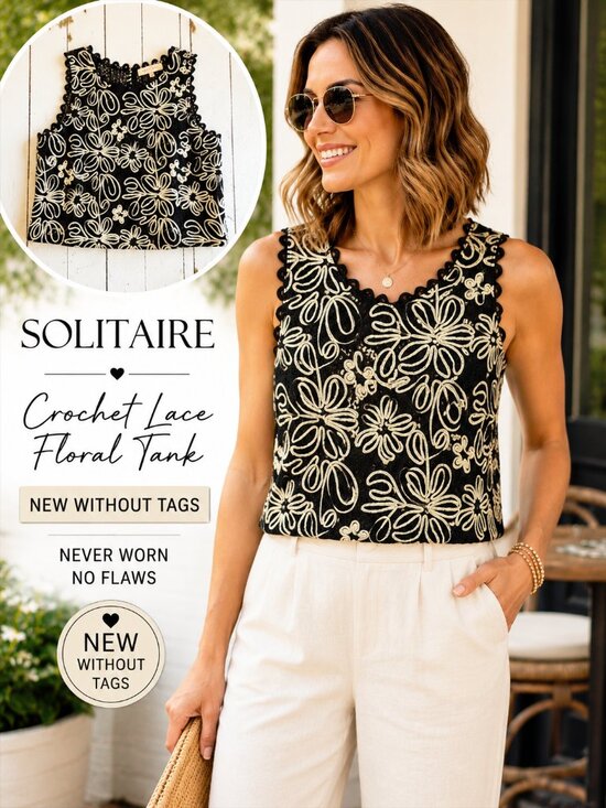 Solitaire Tops - NWOT Solitaire Black Crochet Lace Floral Embroidered Tank Top Medium Boho Chic